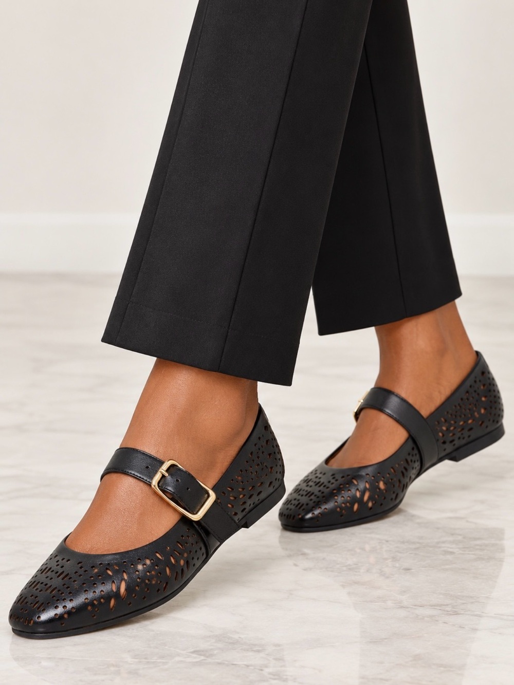 Paolo Black Perforated Mary Jane Flats with Gold Buckle Accent
